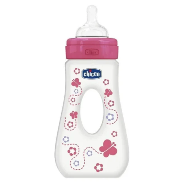 Chicco Μπιμπερό Ρόζ Wellbeing με λαβή & Θηλή Σιλικόνης 4m+ 240ml