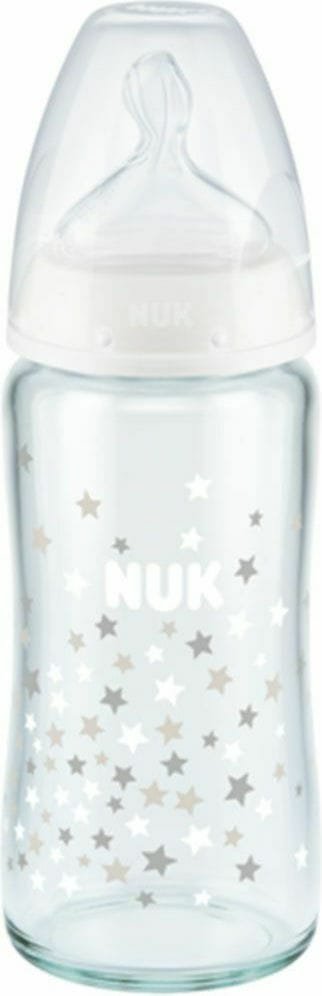 Nuk Γυάλινο Μπιμπερό First Choice Plus Κατά των Κολικών με Θηλή Σιλικόνης 240ml για 0-6 μηνών Λευκό Αστεράκια