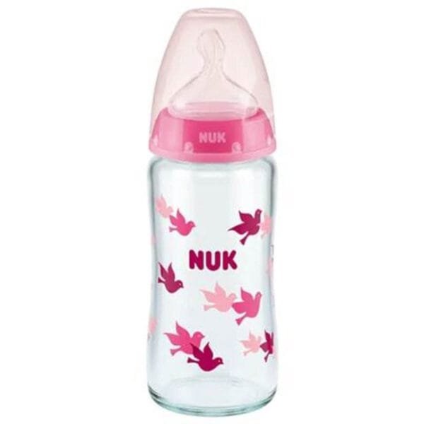 Nuk Γυάλινο Μπιμπερό First Choice Plus Temperature Control Κατά των Κολικών με Θηλή Σιλικόνης 240ml για 0-6 μηνών Pink Birds
