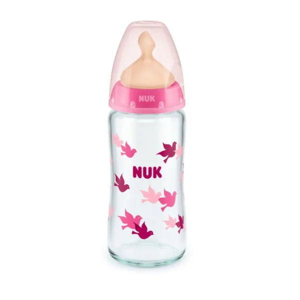 Nuk Γυάλινο Μπιμπερό First Choice Plus Temperature Control κατά των Κολικών με Θηλή Καουτσούκ 0-6m Ροζ, 240ml